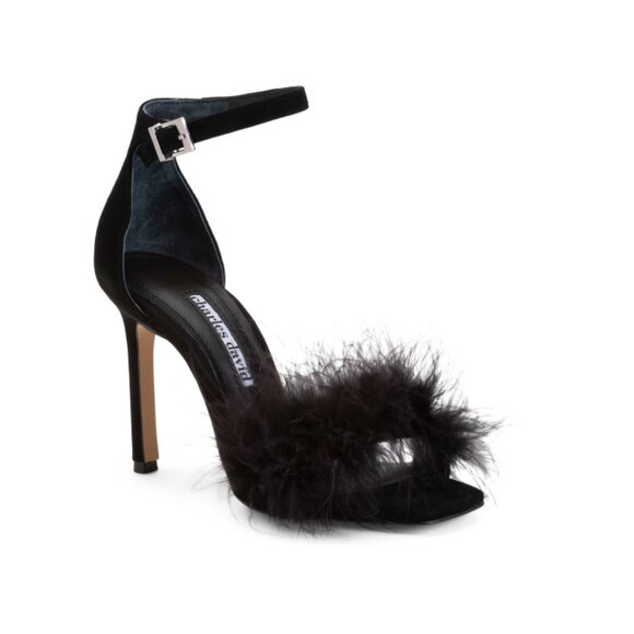 CHARLES DAVID Black Suede Esquire Faux Feather Heeled Sandals - Picture 1 of 2